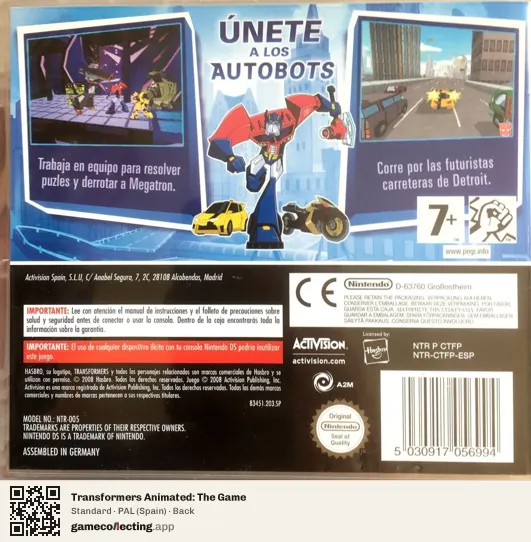 Transformers Animated: The Game Nintendo DS, Spain box back