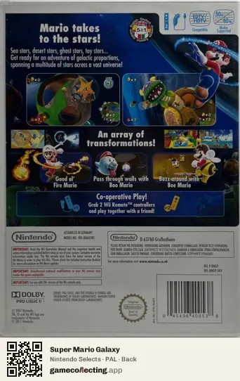 Super Mario Galaxy Nintendo Wii, PAL box back