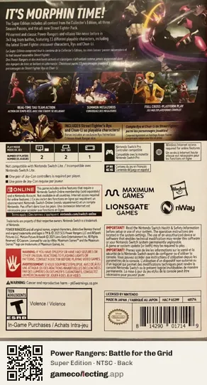 Power Rangers: Battle for the Grid Nintendo Switch, NTSC box back