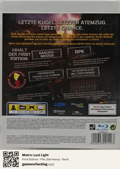 Metro: Last Light PlayStation 3, Germany box back