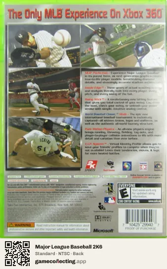 Major League Baseball 2K6 Xbox 360, NTSC box back