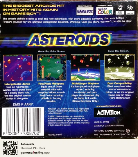 Asteroids Game Boy Color, PAL box back