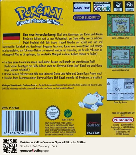 Pokémon Yellow Version: Special Pikachu Edition Game Boy, Germany box back