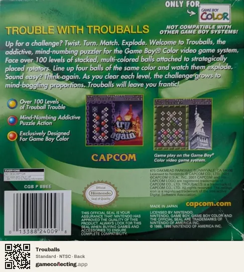 Trouballs Game Boy Color, NTSC box back