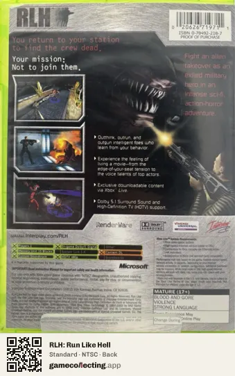 RLH: Run Like Hell Xbox, NTSC box back