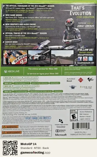 MotoGP 14 Xbox 360, NTSC box back