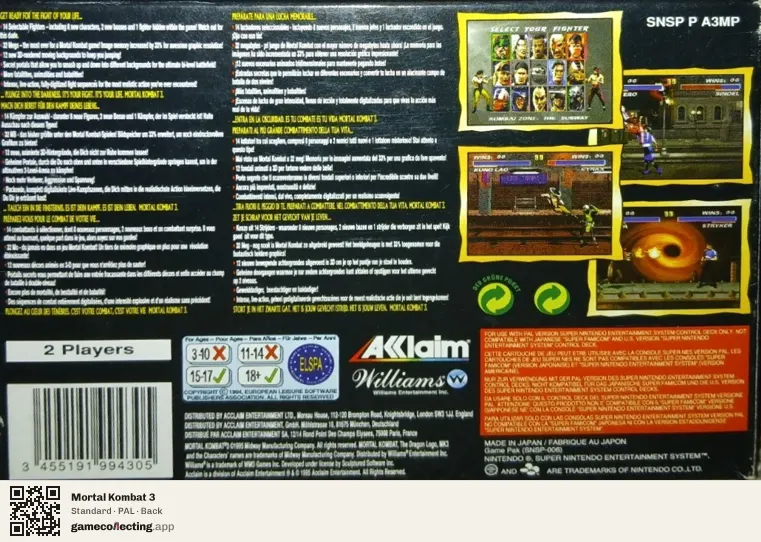 Mortal Kombat 3 Super Nintendo Entertainment System, PAL box back