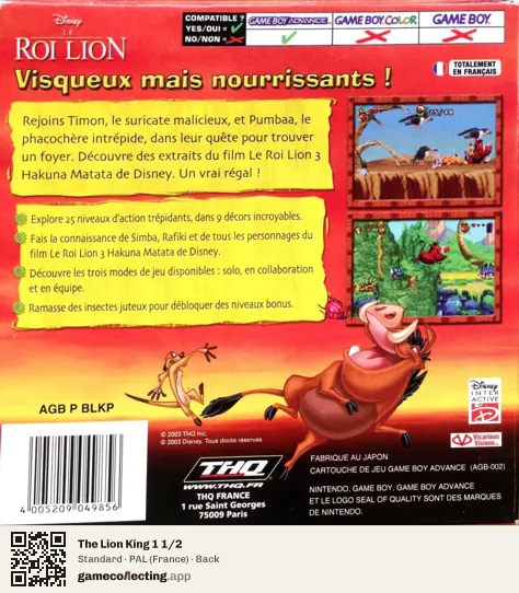 The Lion King 1 1/2 Game Boy Advance, France box back