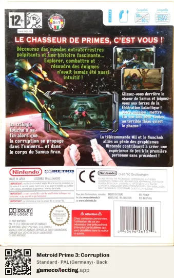 Metroid Prime 3: Corruption Nintendo Wii, Germany box back