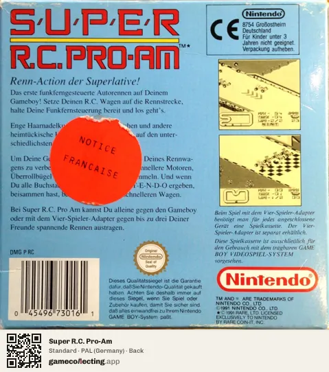 Super R.C. Pro-Am Game Boy, Germany box back