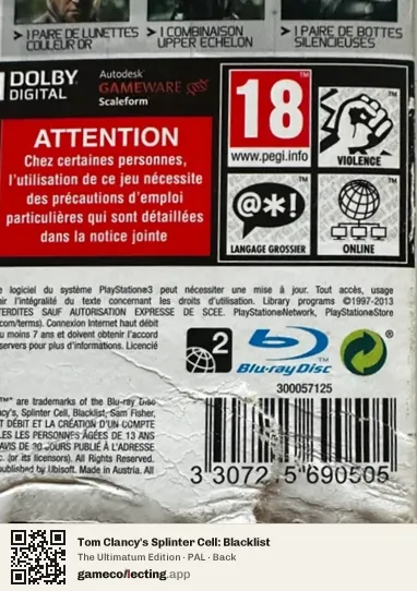 Tom Clancy's Splinter Cell: Blacklist PlayStation 3, PAL box back