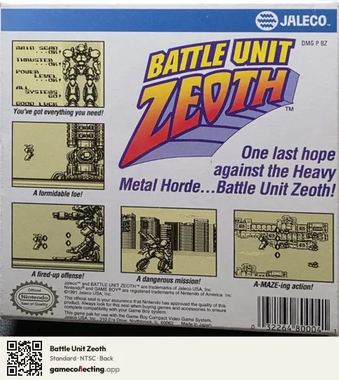 Battle Unit Zeoth Game Boy, NTSC box back