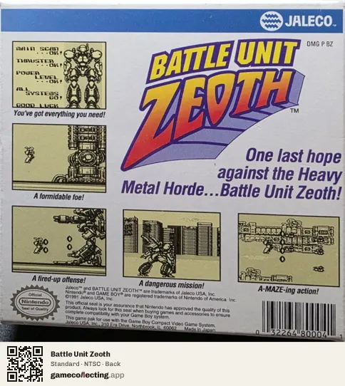 Battle Unit Zeoth Game Boy, NTSC box back