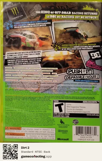 Dirt 2 Xbox 360, NTSC box back