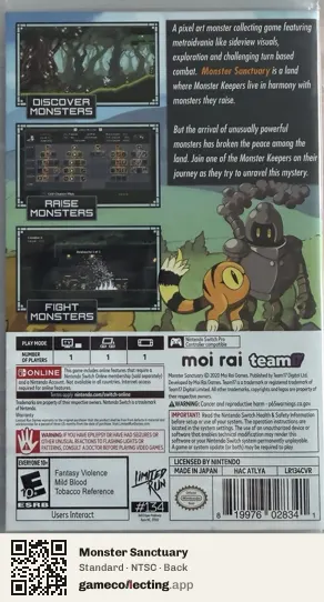 Monster Sanctuary Nintendo Switch, NTSC box back