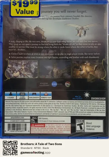 Brothers: A Tale of Two Sons PlayStation 4, NTSC box back