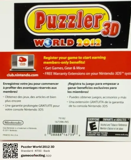 Puzzler World 2012 3D Nintendo 3DS, NTSC box back