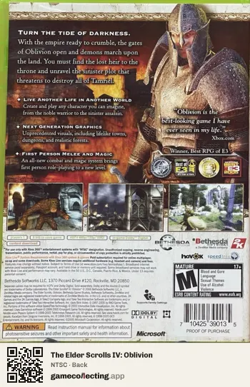 The Elder Scrolls IV: Oblivion Xbox 360, NTSC box back