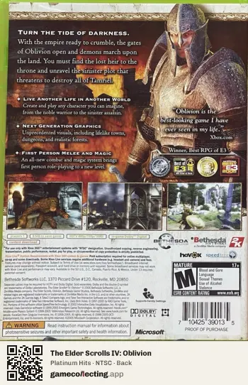 The Elder Scrolls IV: Oblivion Xbox 360, NTSC box back