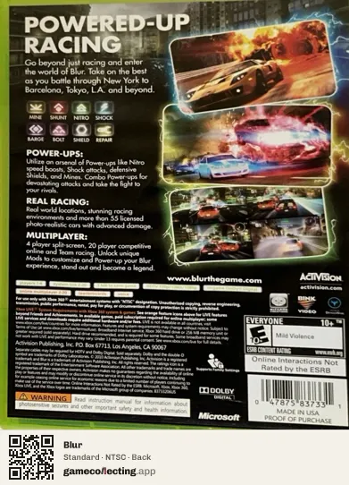 Blur Xbox 360, NTSC box back