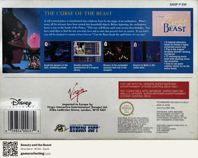 Beauty and the Beast Super Nintendo Entertainment System, NTSC box back