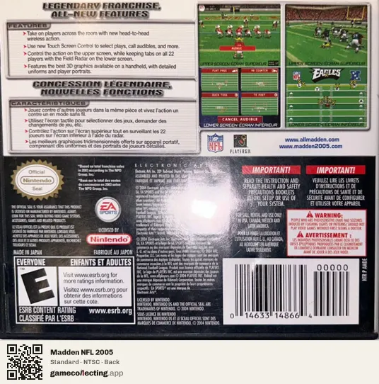 Madden NFL 2005 Nintendo DS, NTSC box back