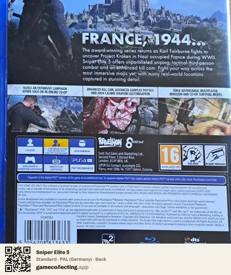 Sniper Elite 5 PlayStation 4, Germany box back