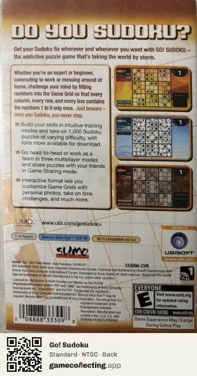Go! Sudoku PlayStation Portable, NTSC box back