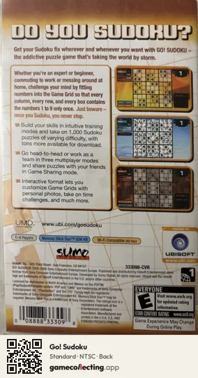 Go! Sudoku PlayStation Portable, NTSC box back