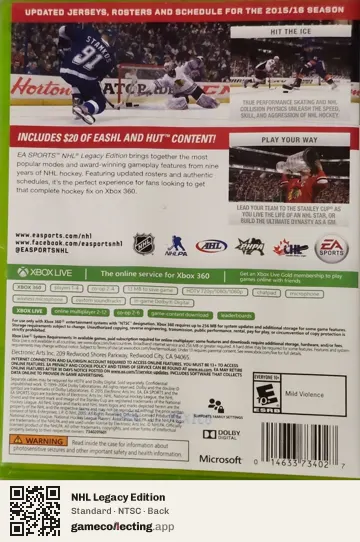 NHL Legacy Edition Xbox 360, NTSC box back