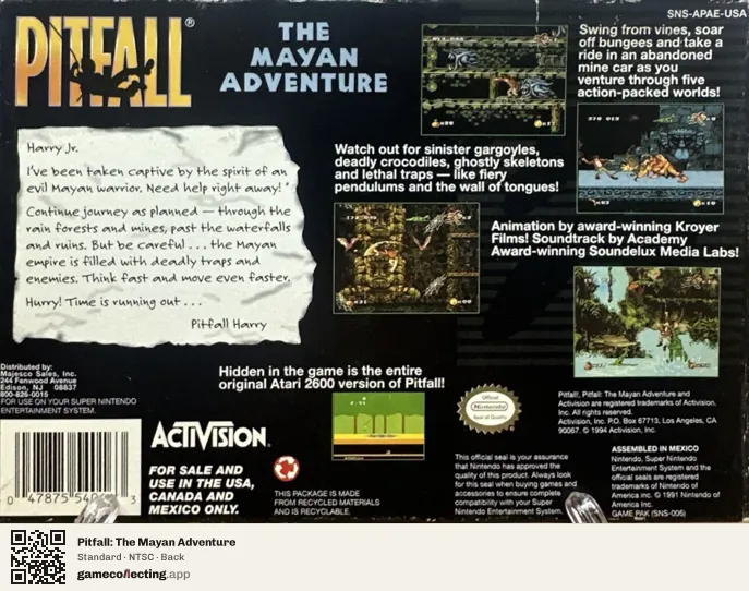 Pitfall: The Mayan Adventure Super Nintendo Entertainment System, NTSC box back