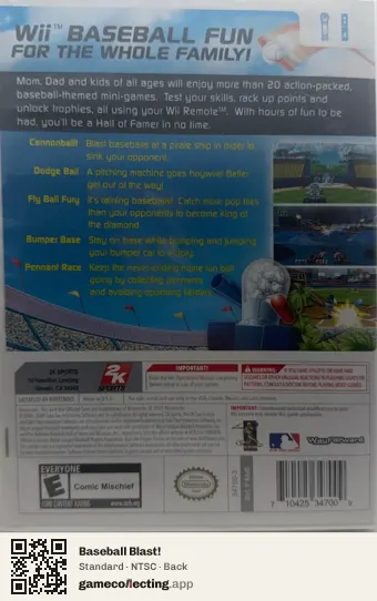 Baseball Blast! Nintendo Wii, NTSC box back