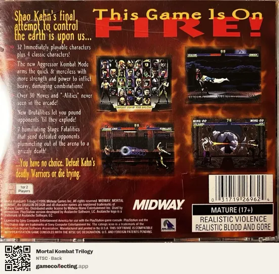 Mortal Kombat Trilogy PlayStation, NTSC box back