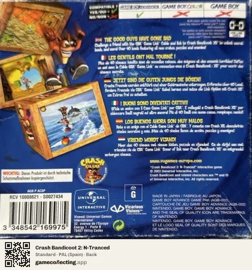 Crash Bandicoot 2: N-Tranced Game Boy Advance, Spain box back