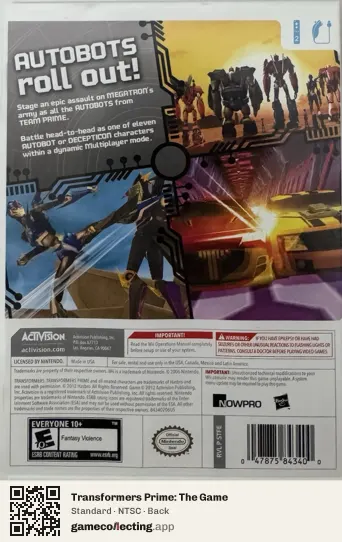 Transformers Prime: The Game Nintendo Wii, NTSC box back