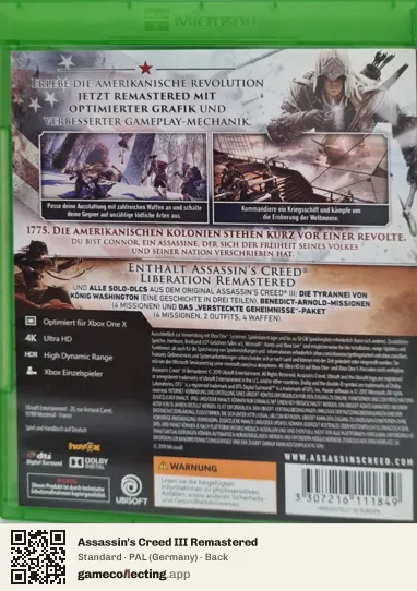 Assassin's Creed III Remastered Xbox One, Germany box back