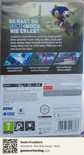 Sonic Frontiers Nintendo Switch, Germany box back