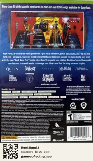 Rock Band 3 Xbox 360, NTSC box back