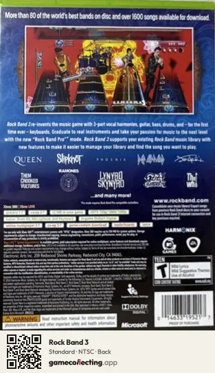 Rock Band 3 Xbox 360, NTSC box back