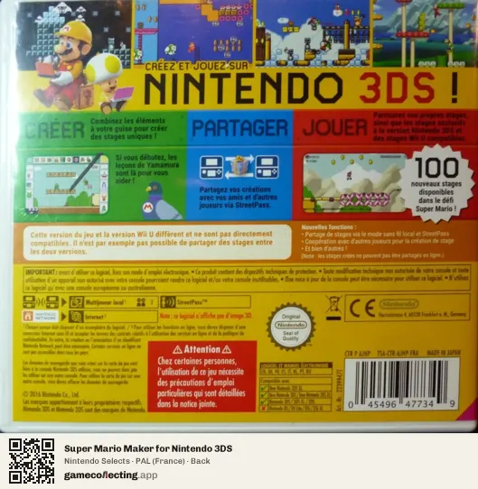 Super Mario Maker for Nintendo 3DS Nintendo 3DS, France box back