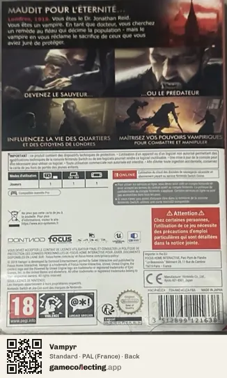 Vampyr Nintendo Switch, France box back