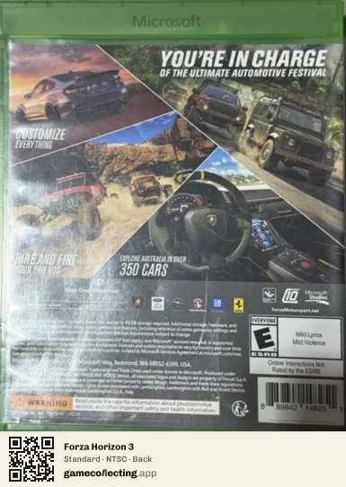 Forza Horizon 3 Xbox One, NTSC box back