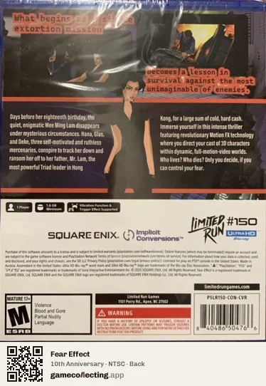 Fear Effect PlayStation 5, NTSC box back