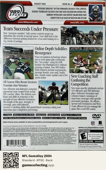 NFL GameDay 2004 PlayStation 2, NTSC box back