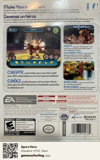 Spore Hero Nintendo Wii, NTSC box back