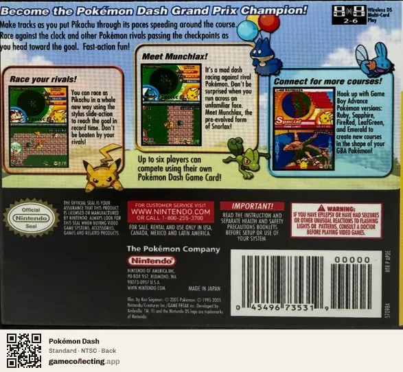 Pokémon Dash Nintendo DS, NTSC box back