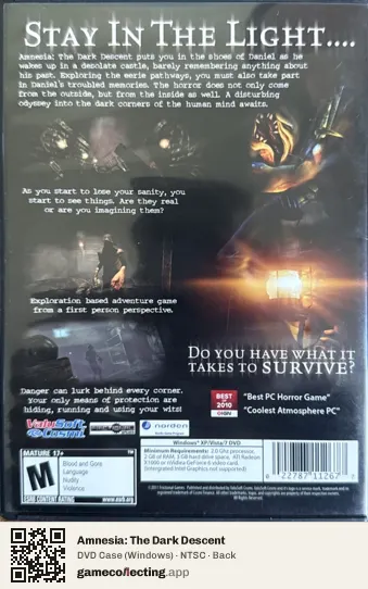Amnesia: The Dark Descent Computer, NTSC box back