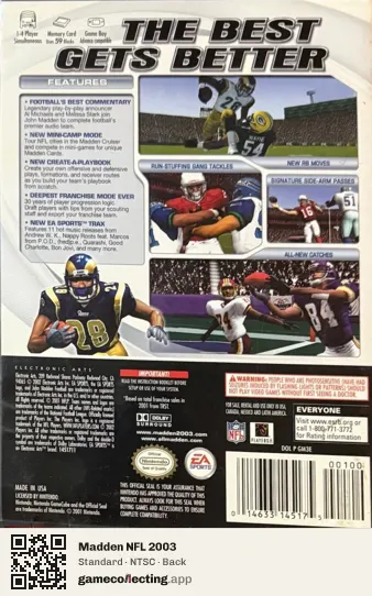 Madden NFL 2003 Nintendo GameCube, NTSC box back