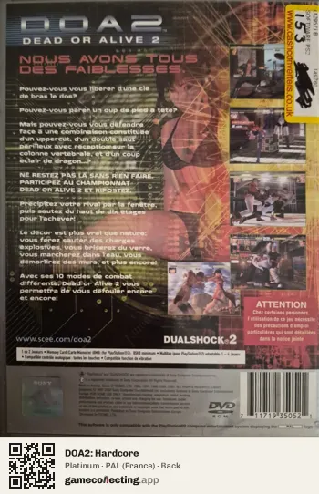 DOA2: Hardcore PlayStation 2, France box back