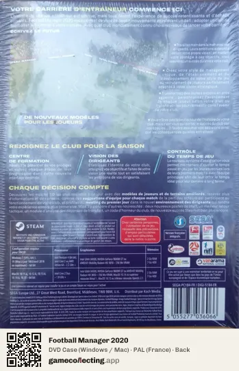 Football Manager 2020 Computer, France box back